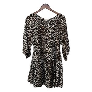 H&M leopard print 3/4 puff sleeve tiered round neck dress size Medium